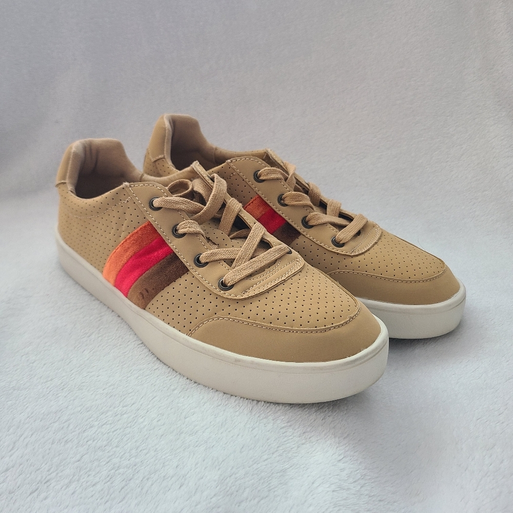 Revitalign Sz 9.5 Tan Neutral Belmont Stripe Velvet Trim Orthotic Casual Sneaker